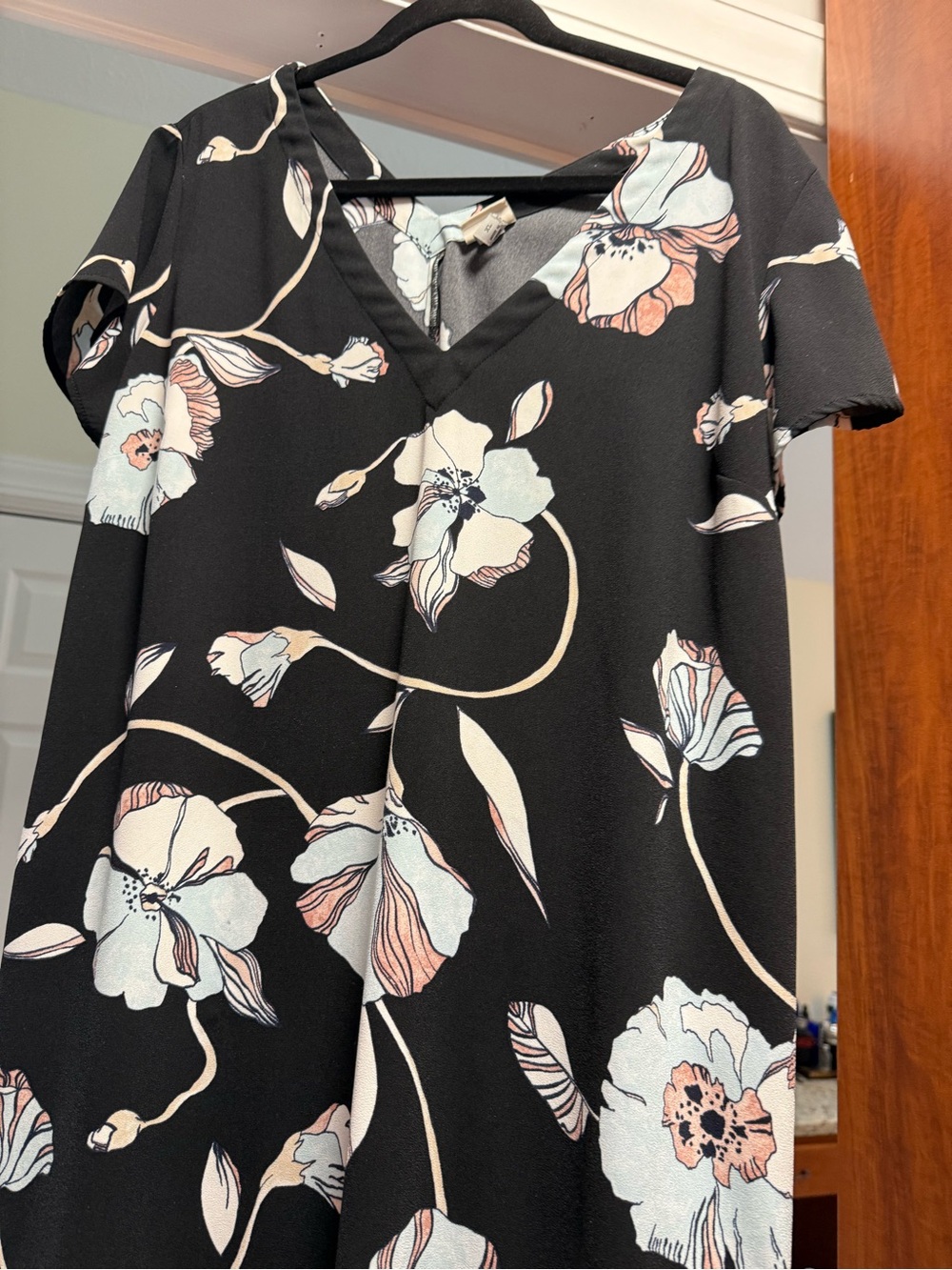 a new day Black Floral V-Neck Midi Dress with Pale Blue and Blush Blooms
